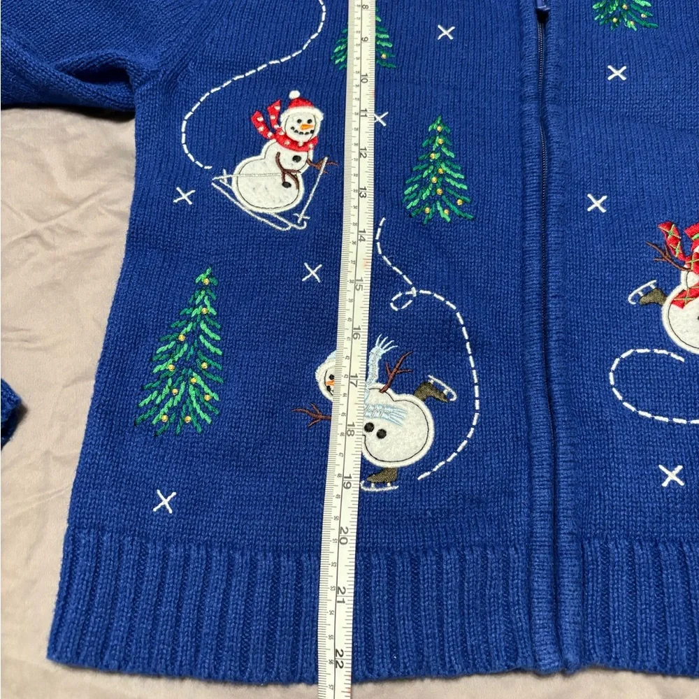Vintage Crystal Kobe Blue Snowman Christmas Sweater Zip Holiday Cardigan Medium